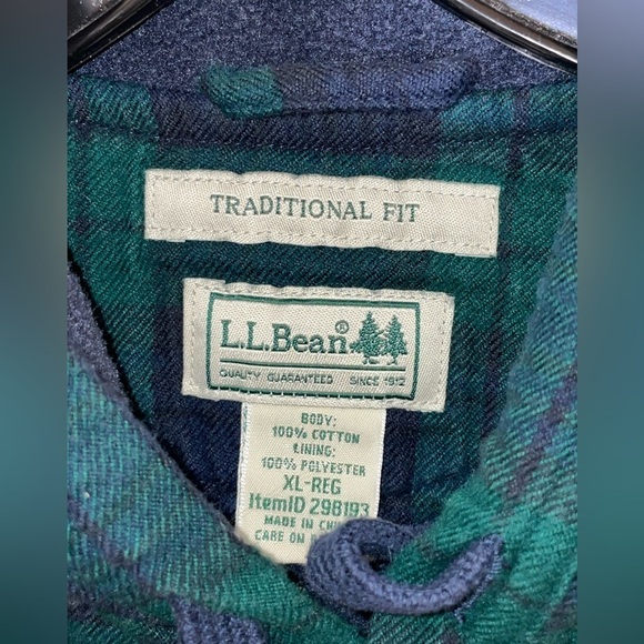 LL Bean Hoodie Mens X Large Green Flannel Shacket Fleece Lined Traditional Fit‌‍ - Picture 12 of 13